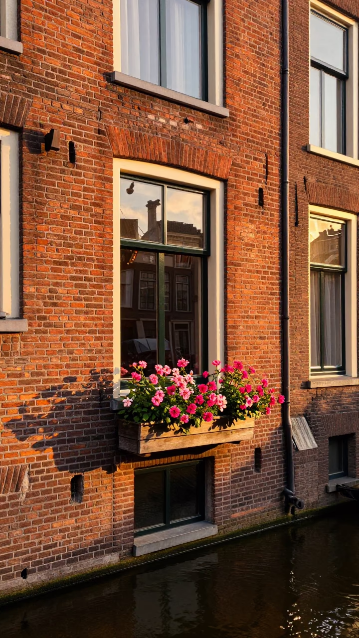 Golden Hour Canal Scene Amsterdam Window Box Blooms and Brick Facades in in Amsterdam, Netherlands