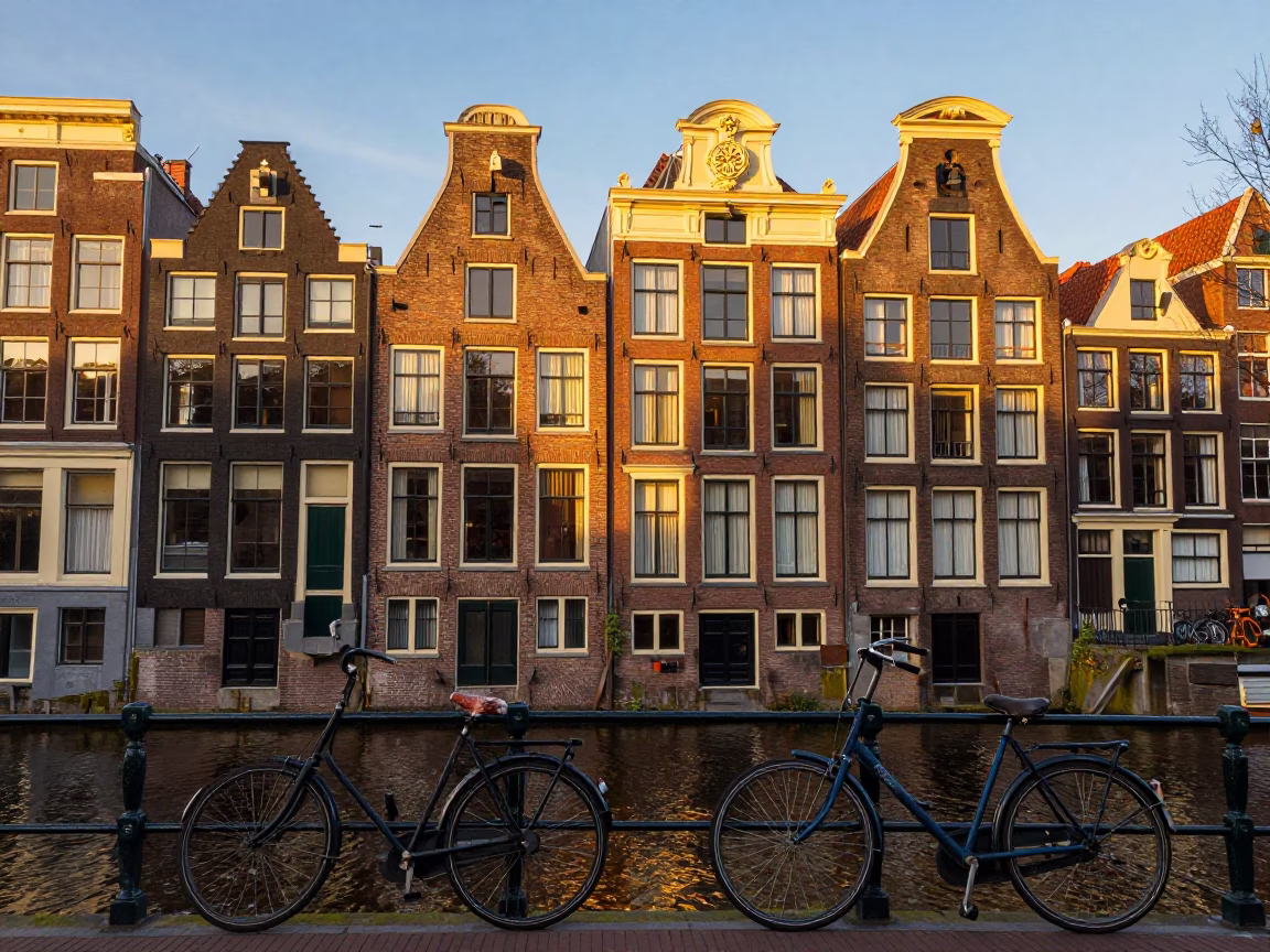 Golden Hour Canal Scene in Amsterdam Netherlands with Bicycle and Traditional Architecture in in Amsterdam, Netherlands