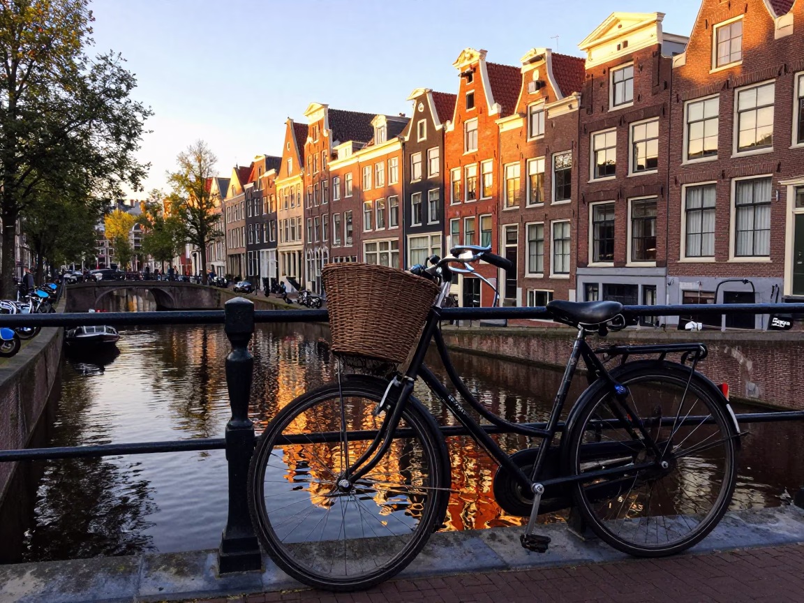 Golden Hour Canal Scene in Amsterdam Netherlands with Bicycle and Water Reflection in in Amsterdam, Netherlands