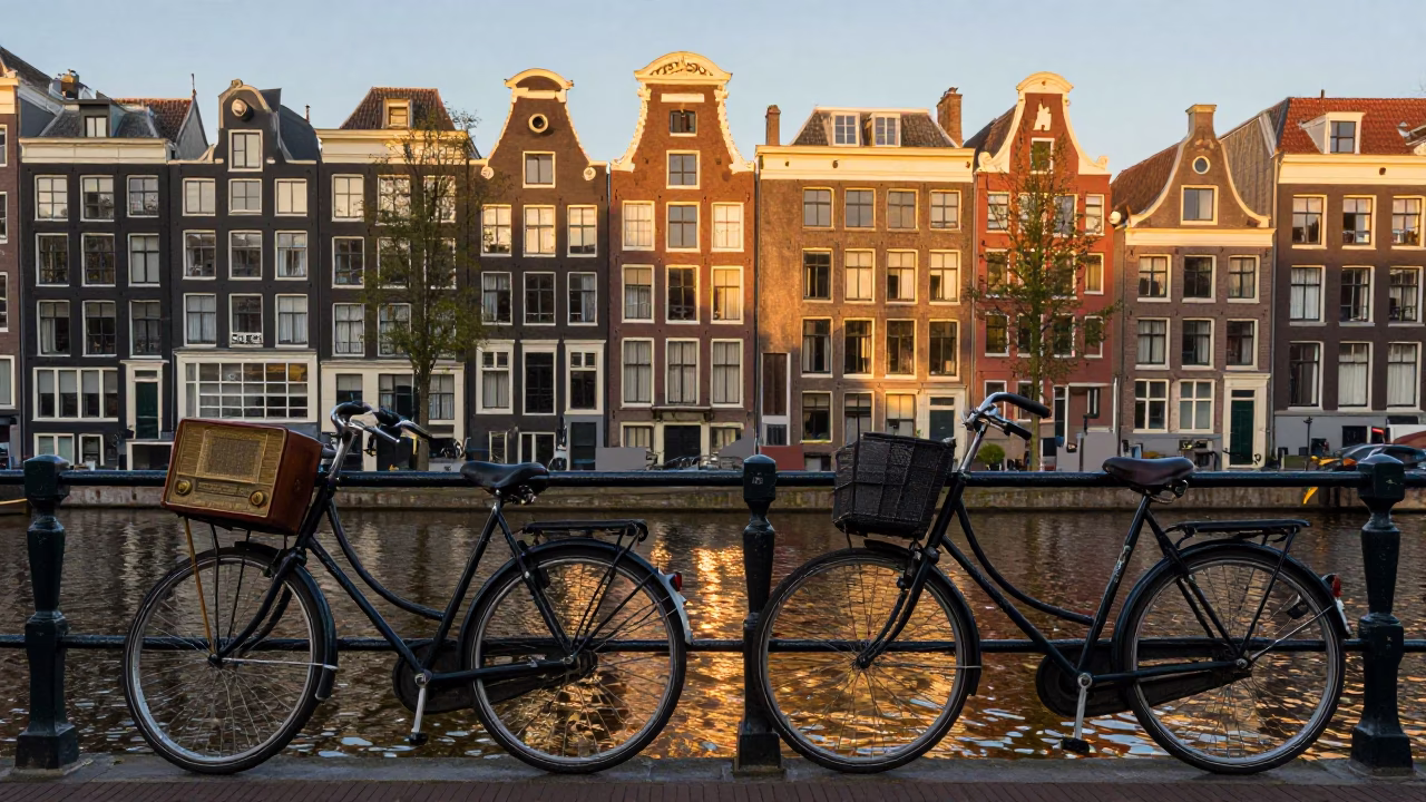 Golden Hour Canal Scene in Amsterdam Netherlands with Vintage Radio and Bicycle in in Amsterdam, Netherlands