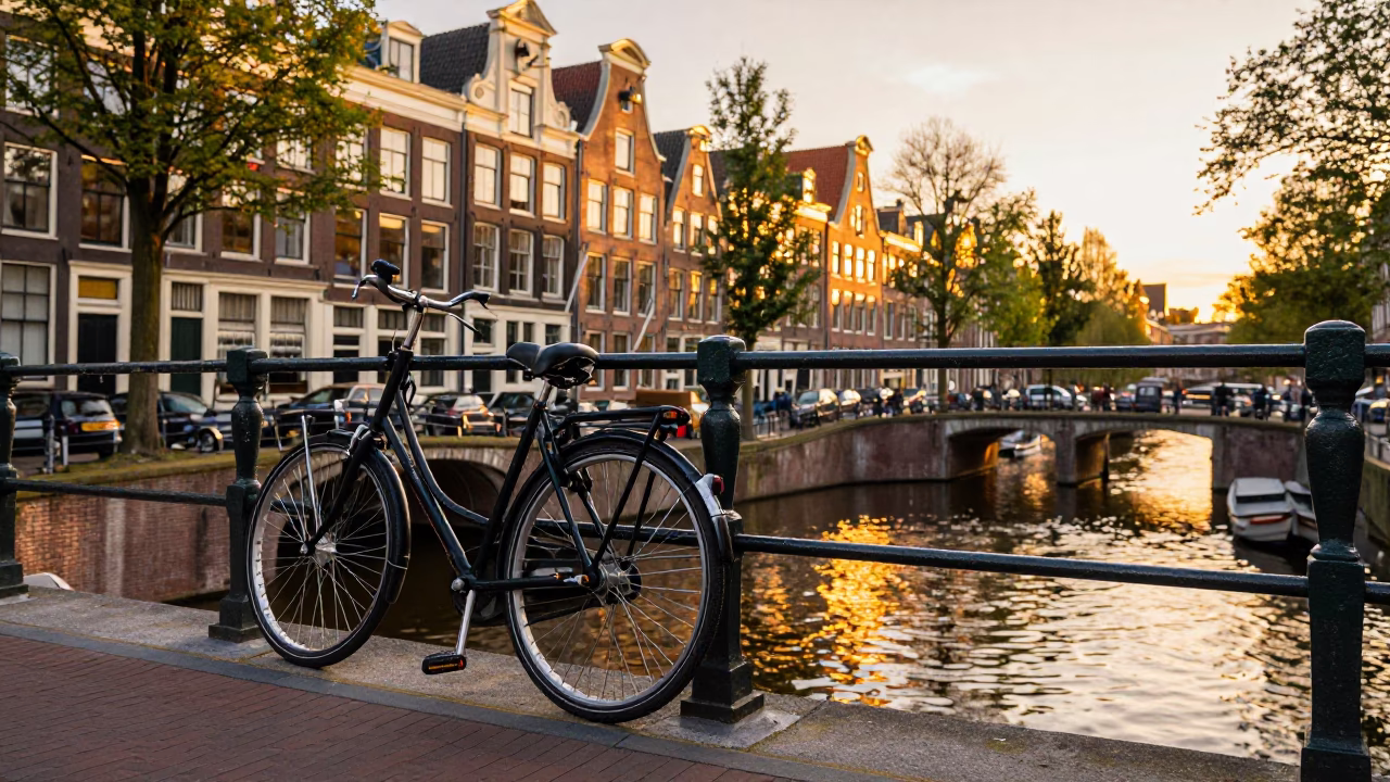 Golden Hour Canal Scene in Amsterdam with Bicycle and Traditional Architecture in in Amsterdam, Netherlands