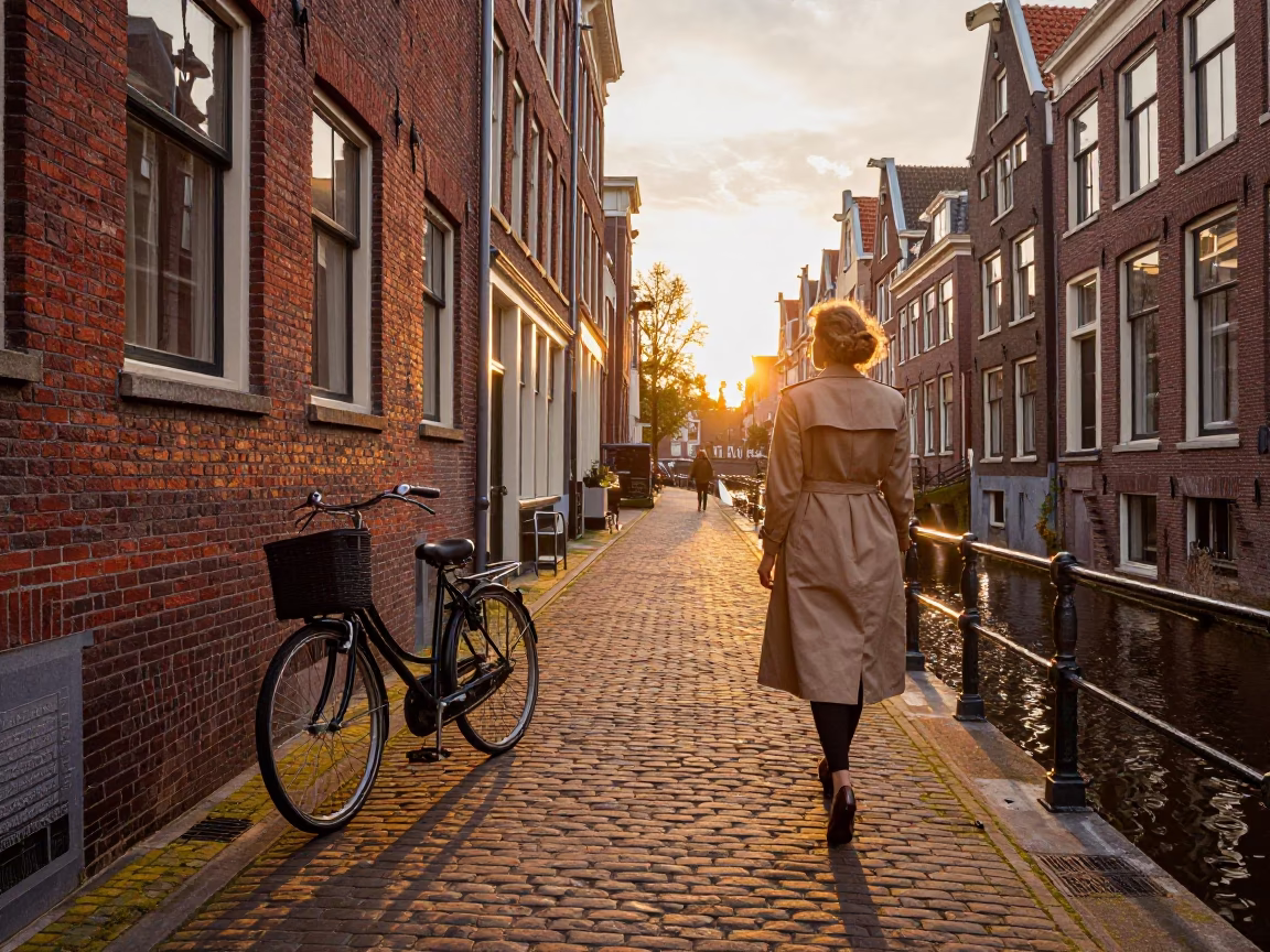 Golden Hour Canal Scene in Amsterdam with Vintage Bicycle and Brick Architecture in in Amsterdam, Netherlands
