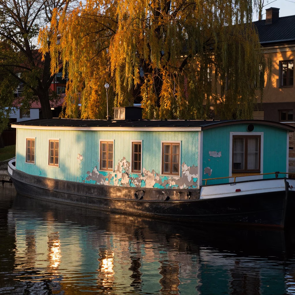Golden Hour Canal Scene in Stockholm Sweden with Houseboat and Peeling Paint in in Stockholm, Sweden