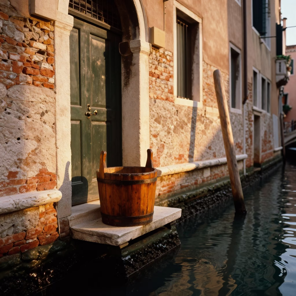 Golden Hour Canal Scene in Venice Italy with Wooden Bucket and Water Reflections in in Venice, Italy