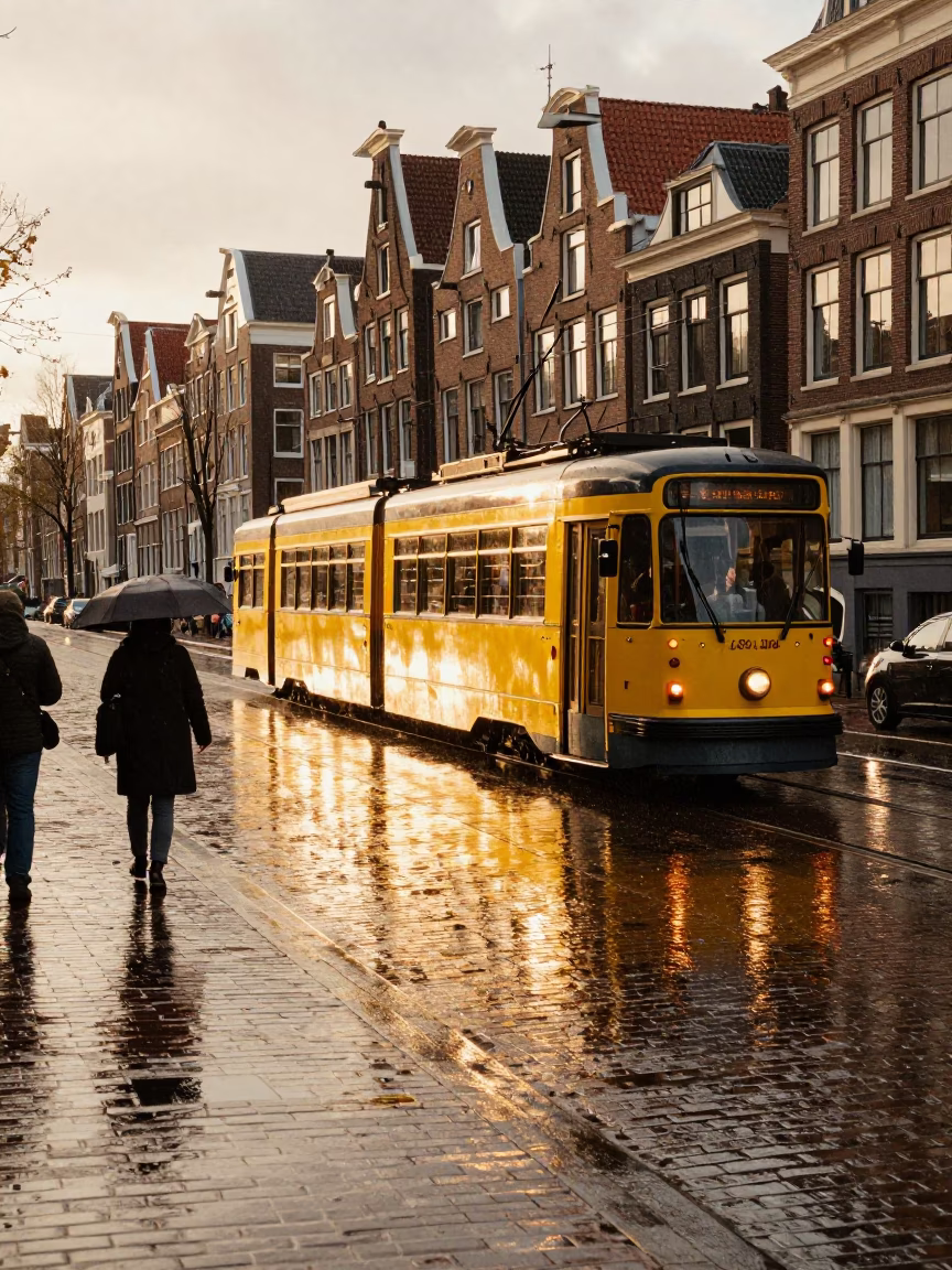 Golden Hour Canal View Amsterdam Netherlands with Heritage Tram and Rain in in Amsterdam, Netherlands