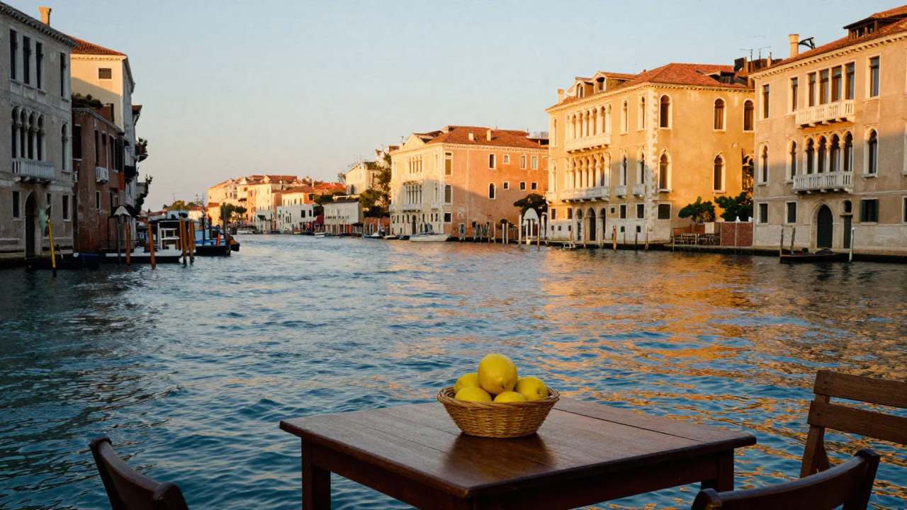 Golden Hour Canal View in Venice Italy with Lemons on Wooden Table in in Venice, Italy