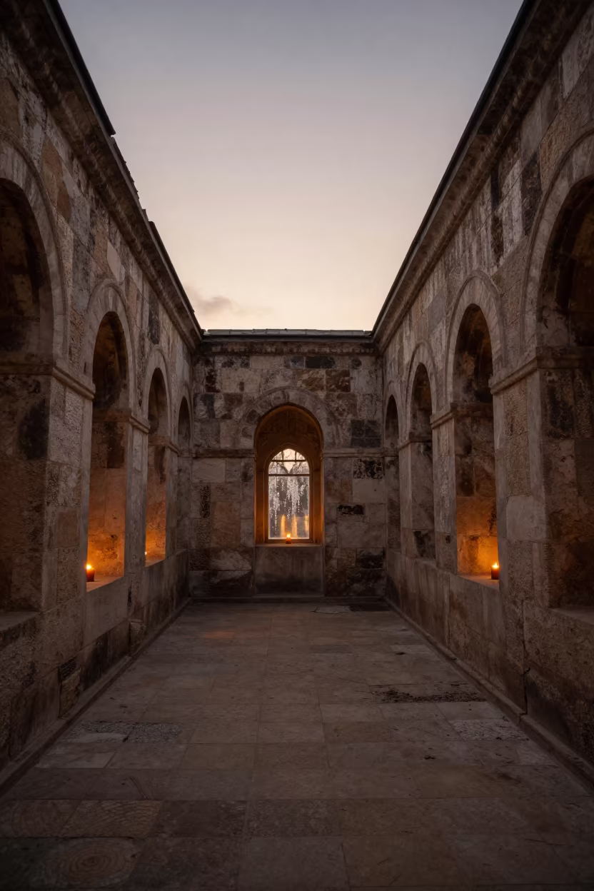 Golden Hour Candlelight in Ankara Monastery Ruin in along a monastery corridor in Ankara