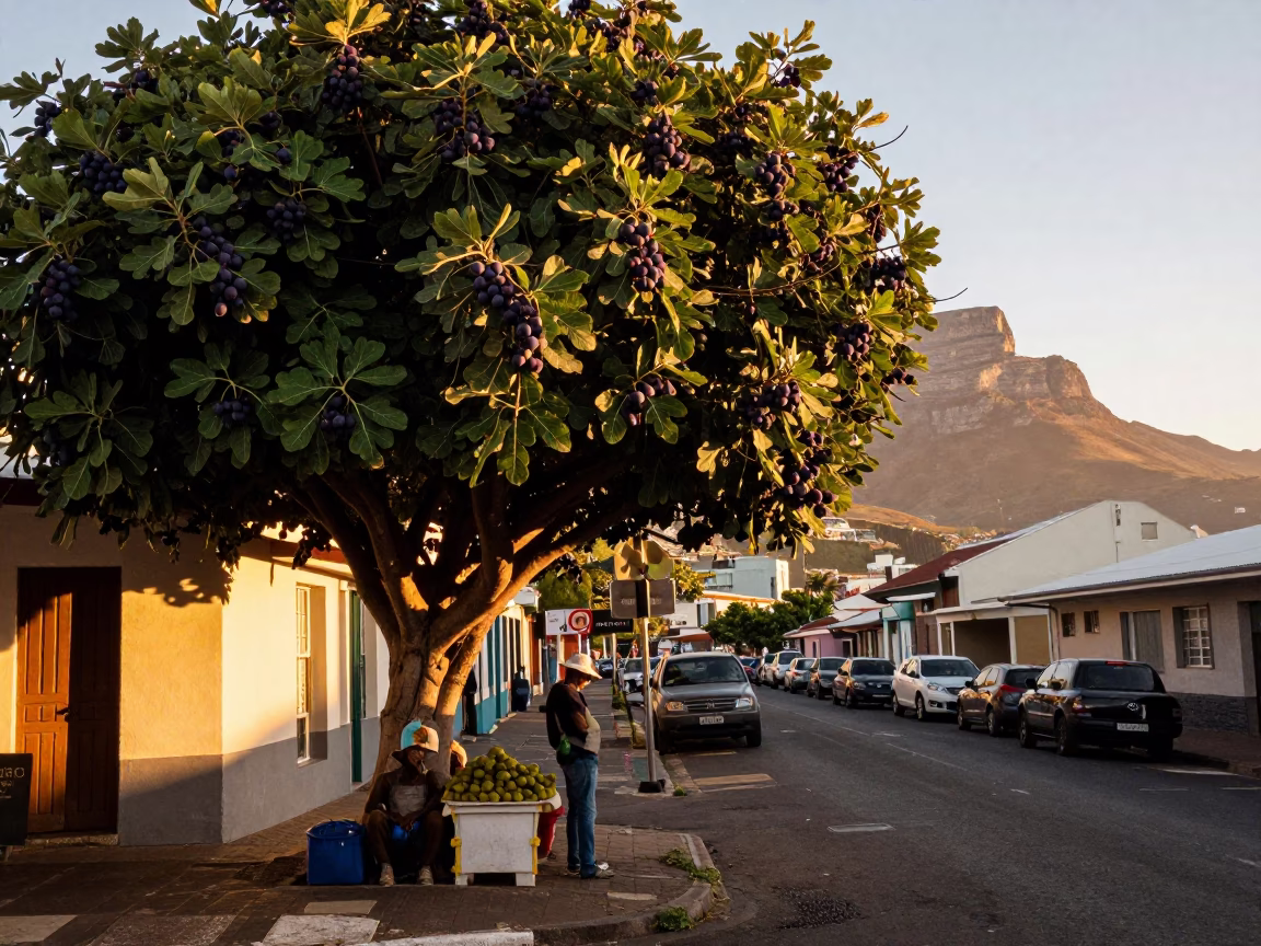 Golden Hour Cape Town Street Scene with Fig Tree and Fruit Vendor in in Cape Town, South Africa