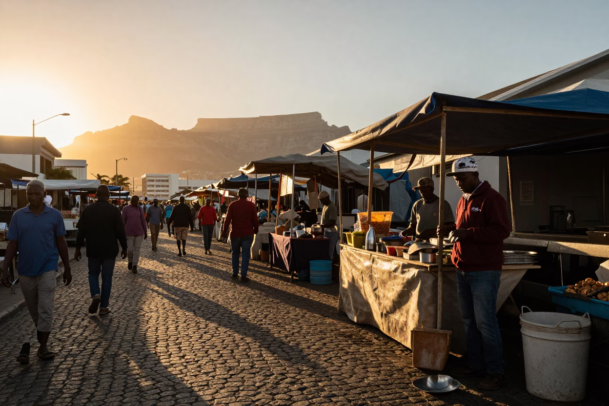Golden Hour Cape Town Street Scene with Ladle and Local Vendor in in Cape Town, South Africa