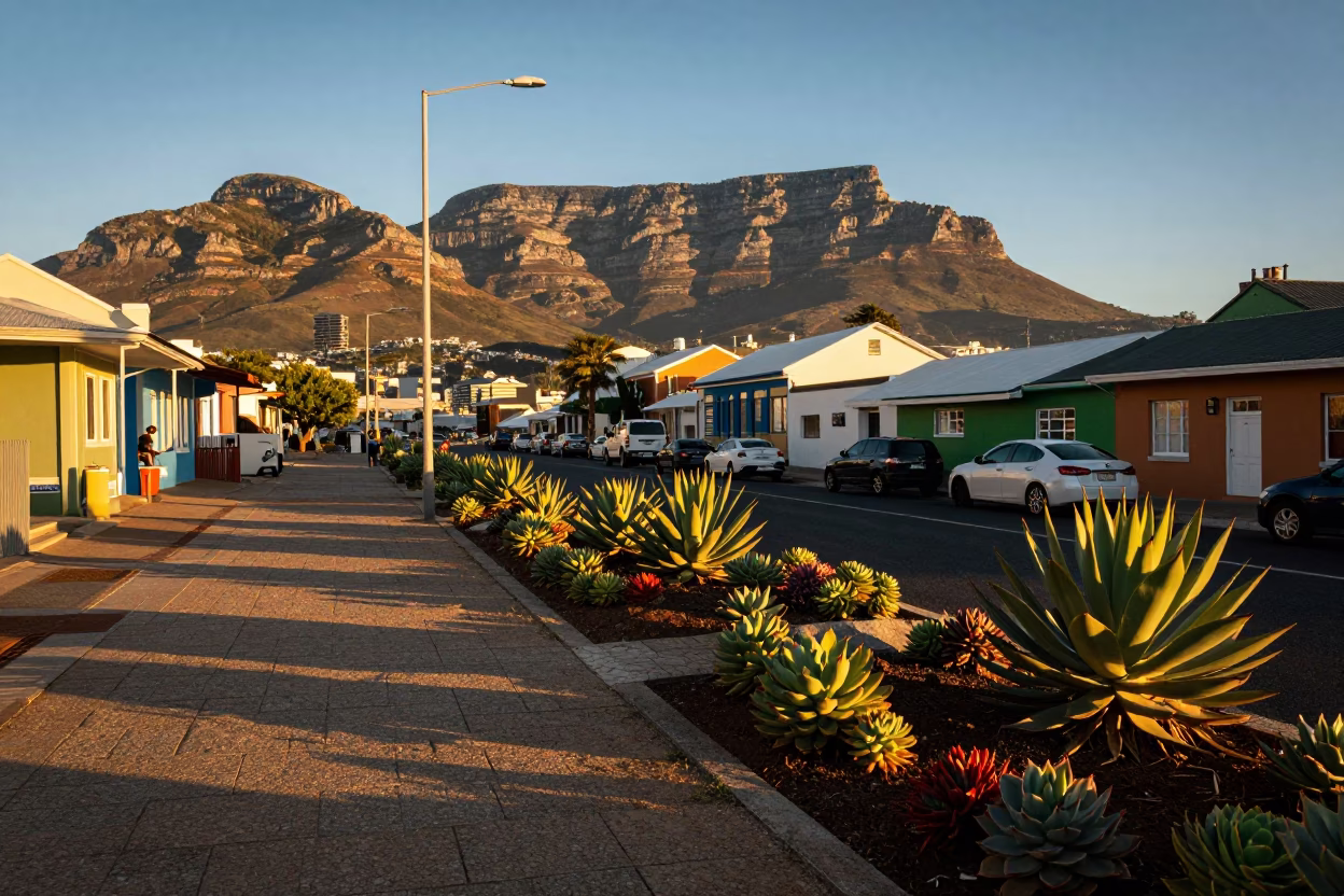 Golden Hour Cape Town Street Scene with Succulents and Local Life in in Cape Town, South Africa