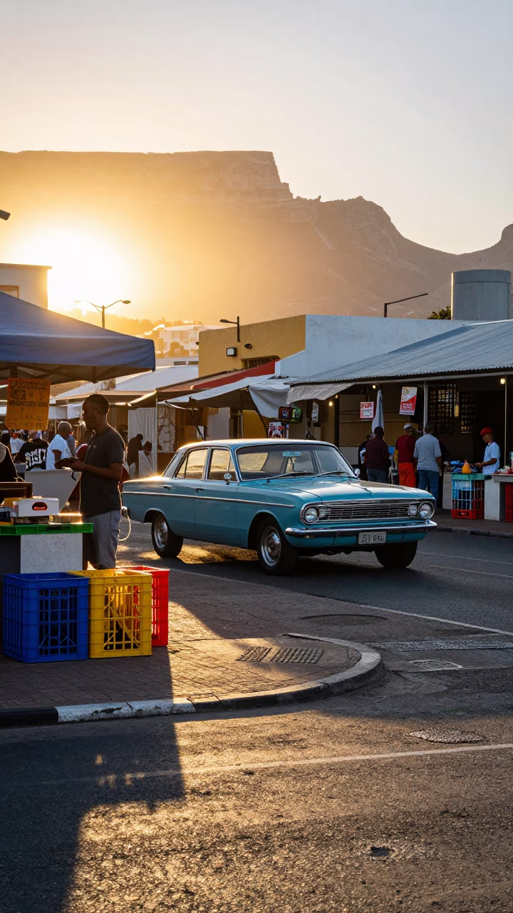 Golden Hour Cape Town Street Scene with Vintage Car and Colorful Crates in in Cape Town, South Africa