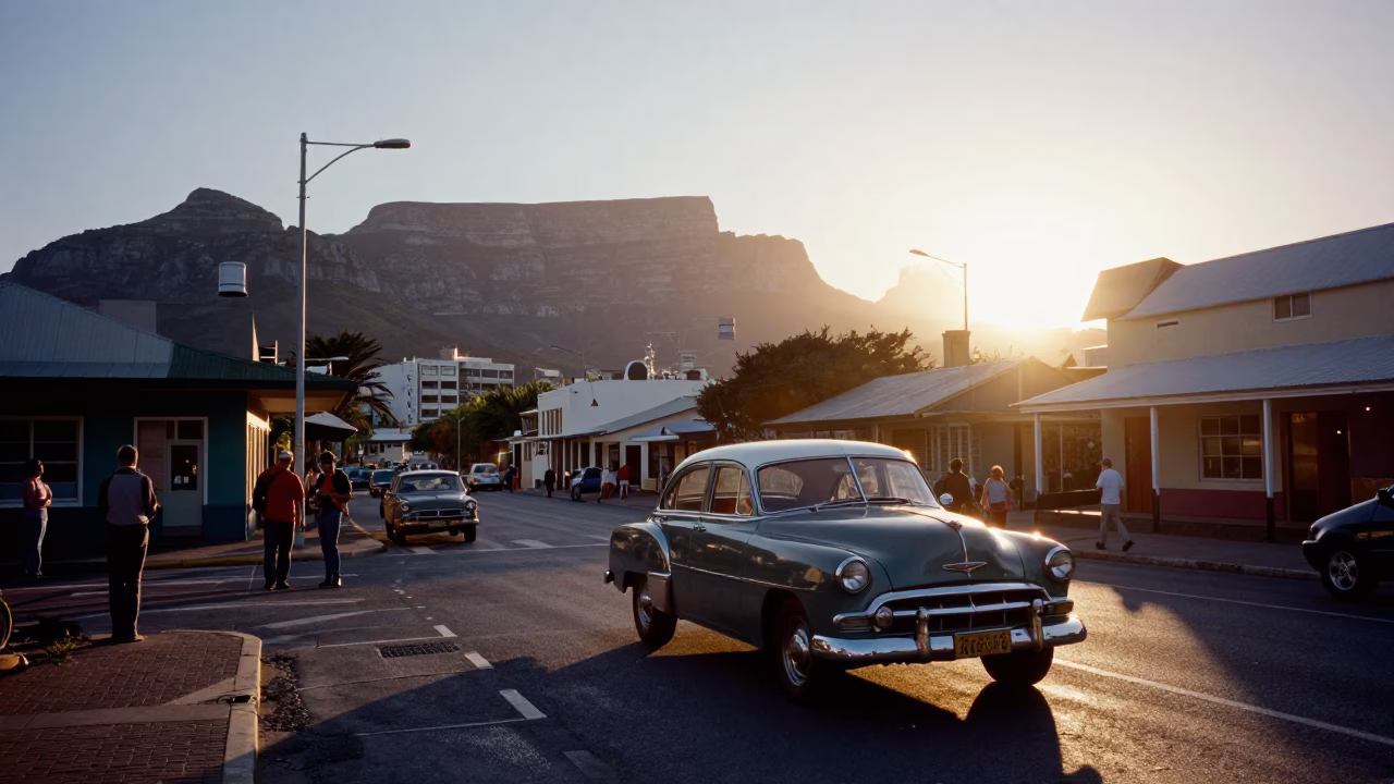 Golden Hour Cape Town Street Scene with Vintage Car and Local Life in in Cape Town, South Africa