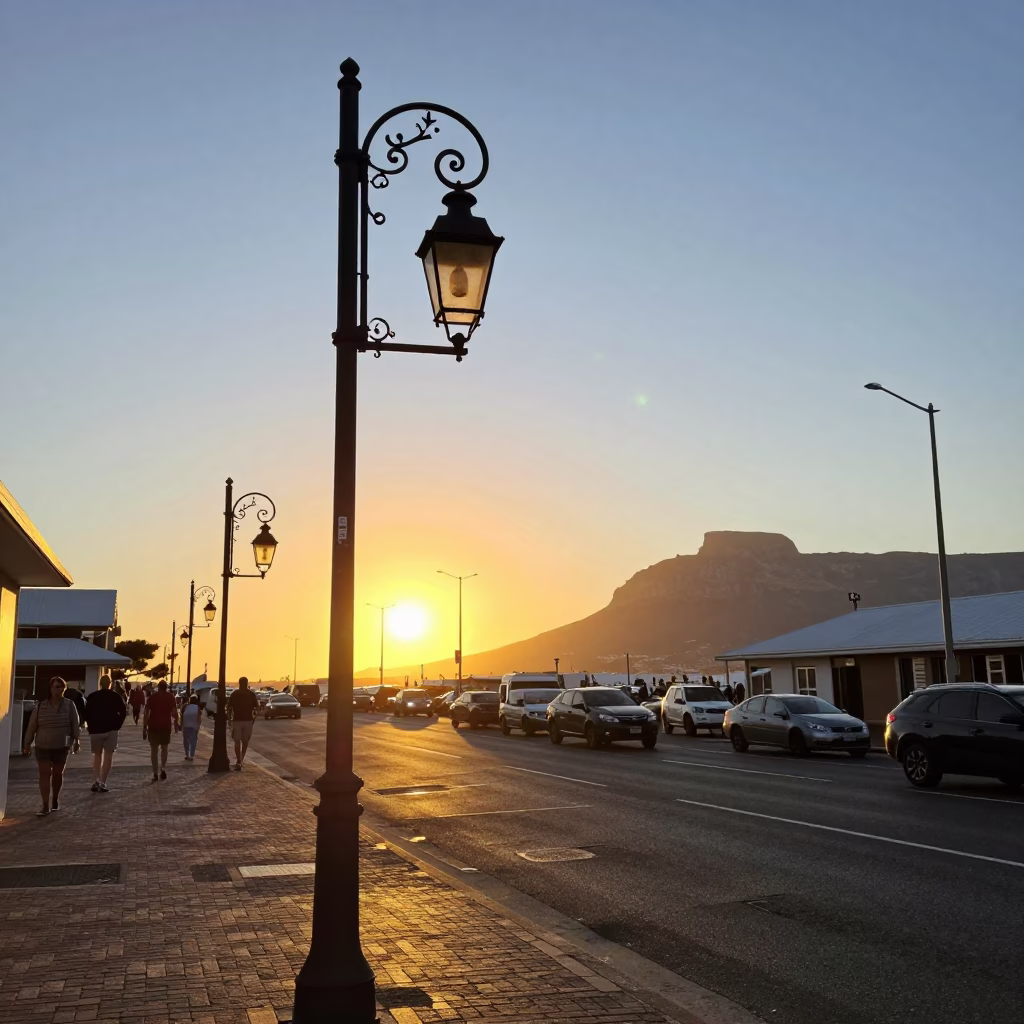 Golden Hour Cape Town Street Scene with Vintage Lantern and Colorful Local Life in in Cape Town, South Africa