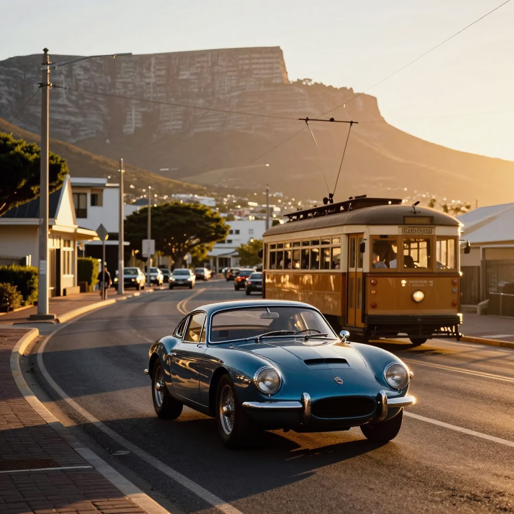 Golden Hour Cape Town Street Scene with Vintage Sports Car and Tramcar in in Cape Town, South Africa