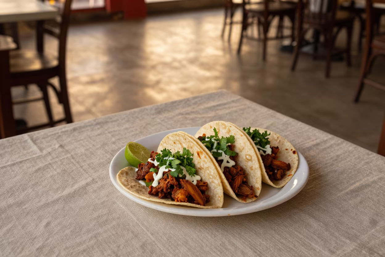 Golden Hour Carnitas Tacos with Lime and Cilantro in on a linen-covered restaurant table in Luanda