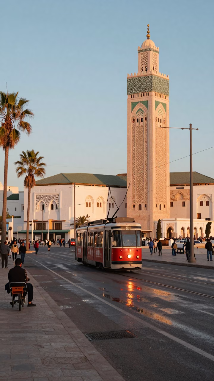 Golden Hour Casablanca Morocco Street Scene with Tram Reflections in in Casablanca, Morocco