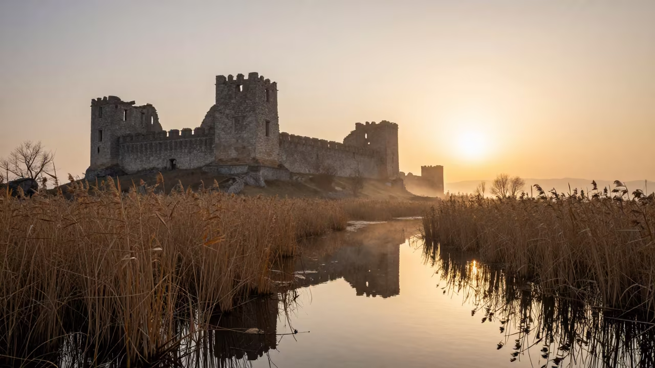 Golden Hour Castle Ruin Reflected in Foggy Moat in near Akhisar