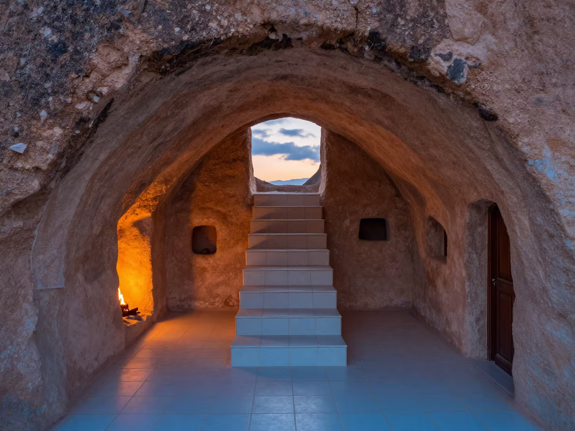 Golden Hour Cave House Stair Hall Cappadocia in inside a tiled stair hall near Göreme