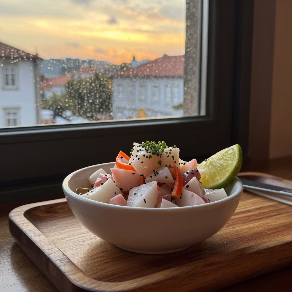 Golden Hour Ceviche Bowl on Braga Tea Tray in on a tea house tray in Braga