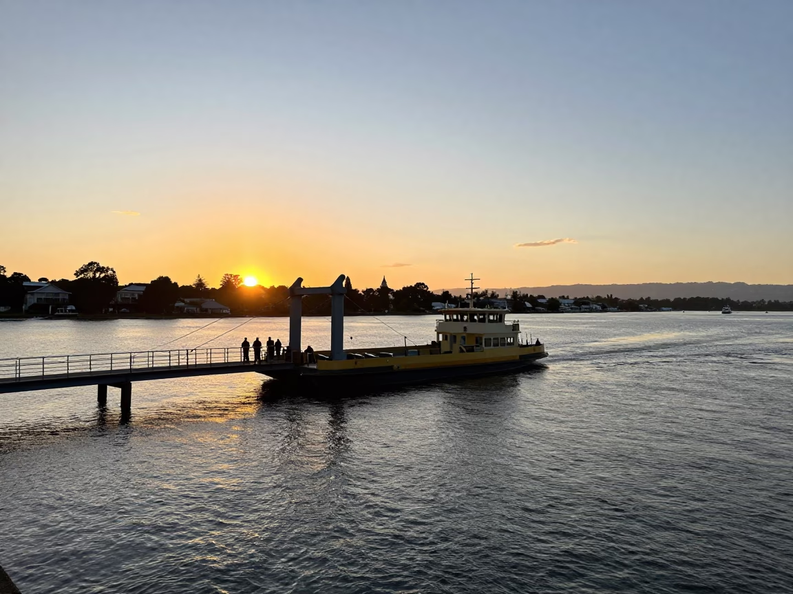 Golden Hour Chain Ferry Crossing Avon River Christchurch New Zealand with Rolling Carts in in Christchurch, New Zealand