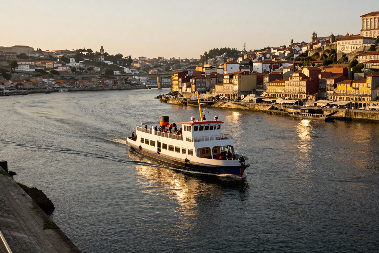 Golden Hour Chain Ferry Crossing Douro River in Porto Portugal in in Porto, Portugal