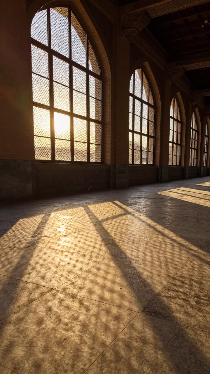 Golden Hour Chain Link Shadow in Shiraz Terminal in inside a restored train terminal in Shiraz