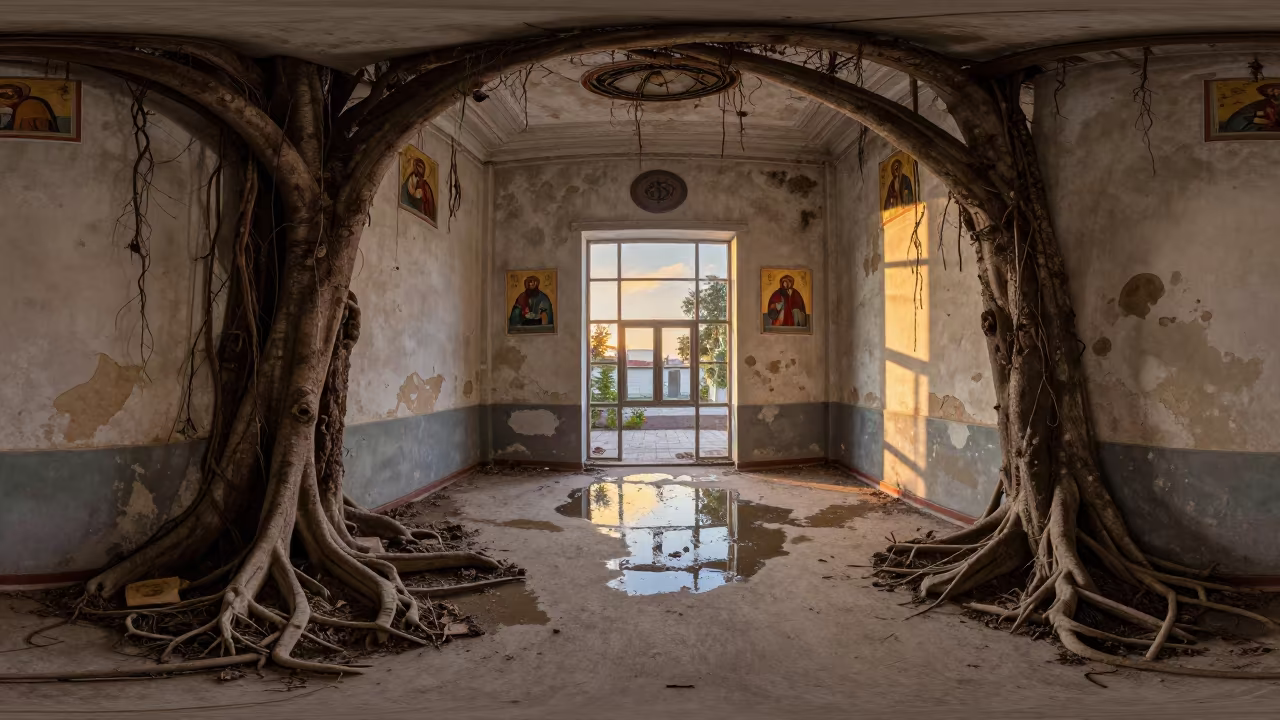 Golden Hour Chapel Ruin Corridor with Roots in along a derelict corridor with peeled paint and pooled water near Ankara