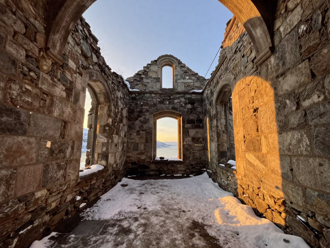 Golden Hour Chapel Ruin Snow Through Doorway in along a monastery corridor in Tromsø