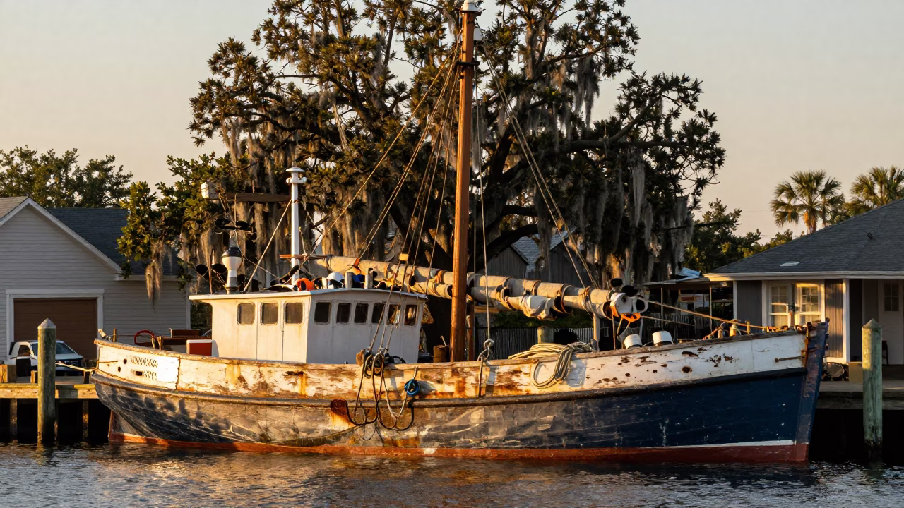Golden Hour Charleston Harbor Junk Boat Docked Near Dogwood Tree in in Charleston, South Carolina, United States
