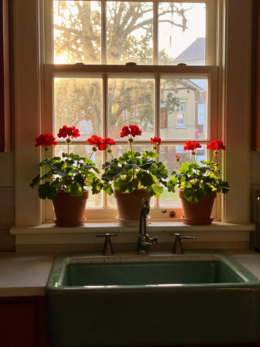 Golden Hour Charleston Kitchen Geraniums and Stoneware on Sink in in Charleston, South Carolina, United States