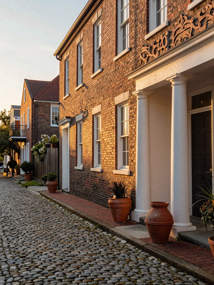Golden Hour Charleston SC Cobblestone Street with Terracotta Pots and Historic Architecture in in Charleston, South Carolina, United States