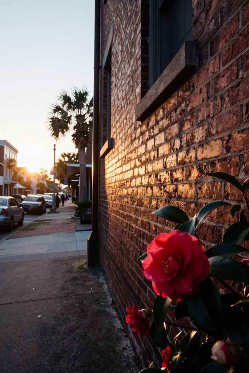 Golden Hour Charleston SC Street Scene with Camellia and Wicker Shadow in in Charleston, South Carolina, United States