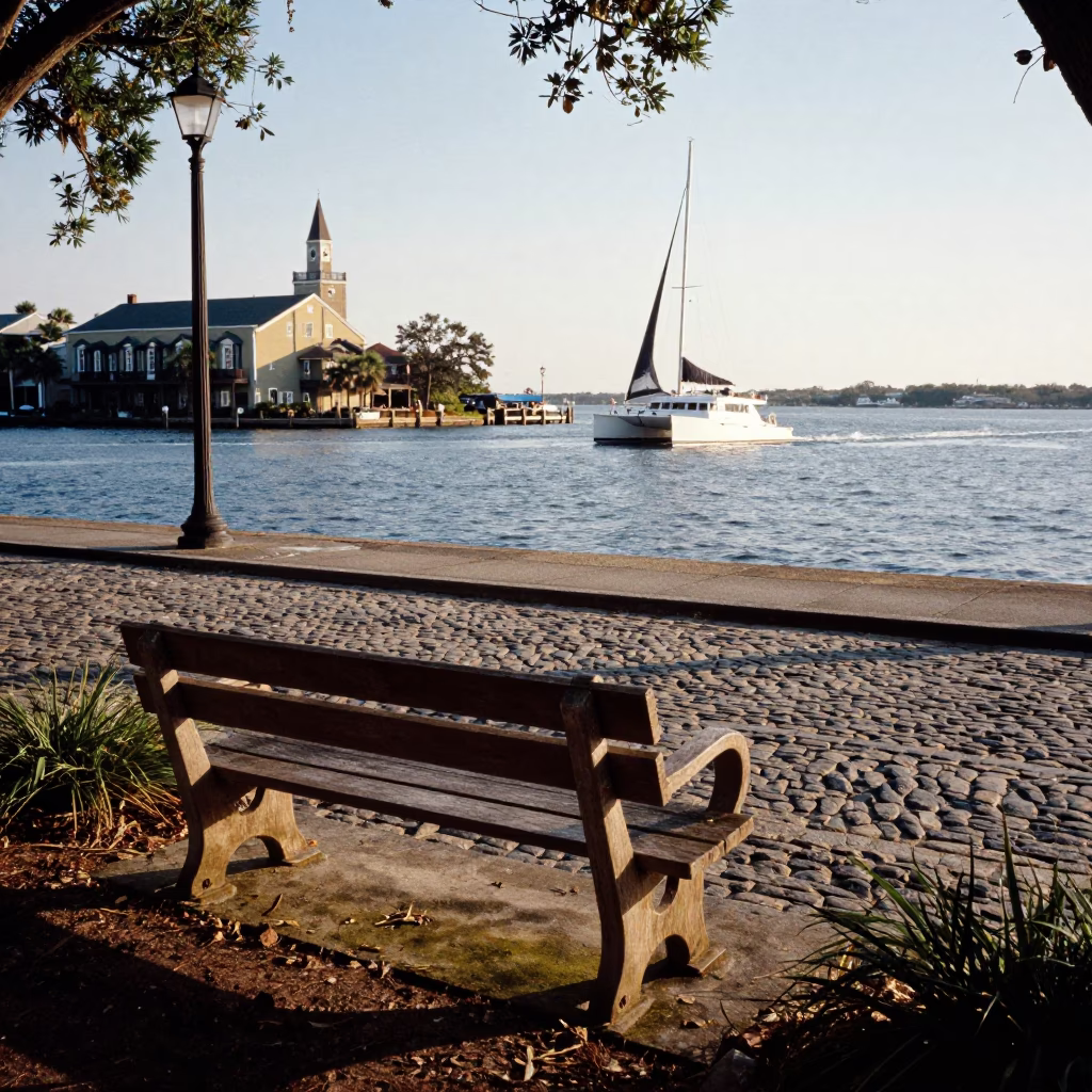 Golden Hour Charleston Street Scene with Catamaran on Water and Historic Architecture in in Charleston, South Carolina, United States