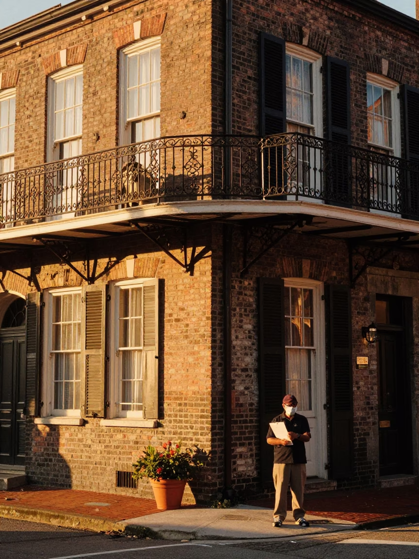 Golden Hour Charleston Street Scene with Clipboard and Flowerpot Details in in Charleston, South Carolina, United States