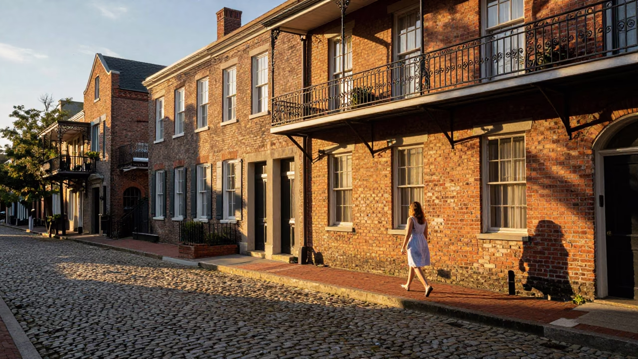 Golden Hour Charleston Street Scene with Cobblestones and Historic Architecture in in Charleston, South Carolina, United States