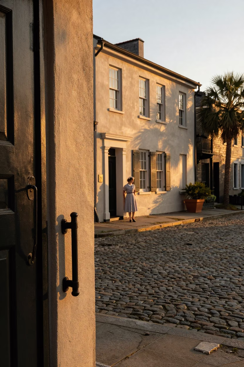 Golden Hour Charleston Street Scene with Door Latch Detail and Historic Architecture in in Charleston, South Carolina, United States