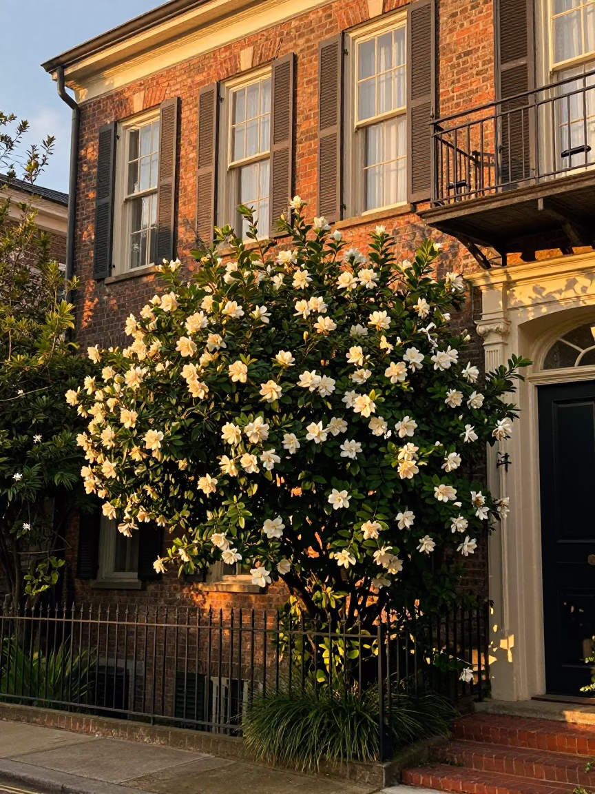 Golden Hour Charleston Street Scene with Gardenia Bush and Vintage Details in in Charleston, South Carolina, United States