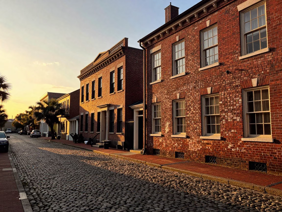 Golden Hour Charleston Street Scene with Historic Brick Architecture and Ivy Vines in in Charleston, South Carolina, United States