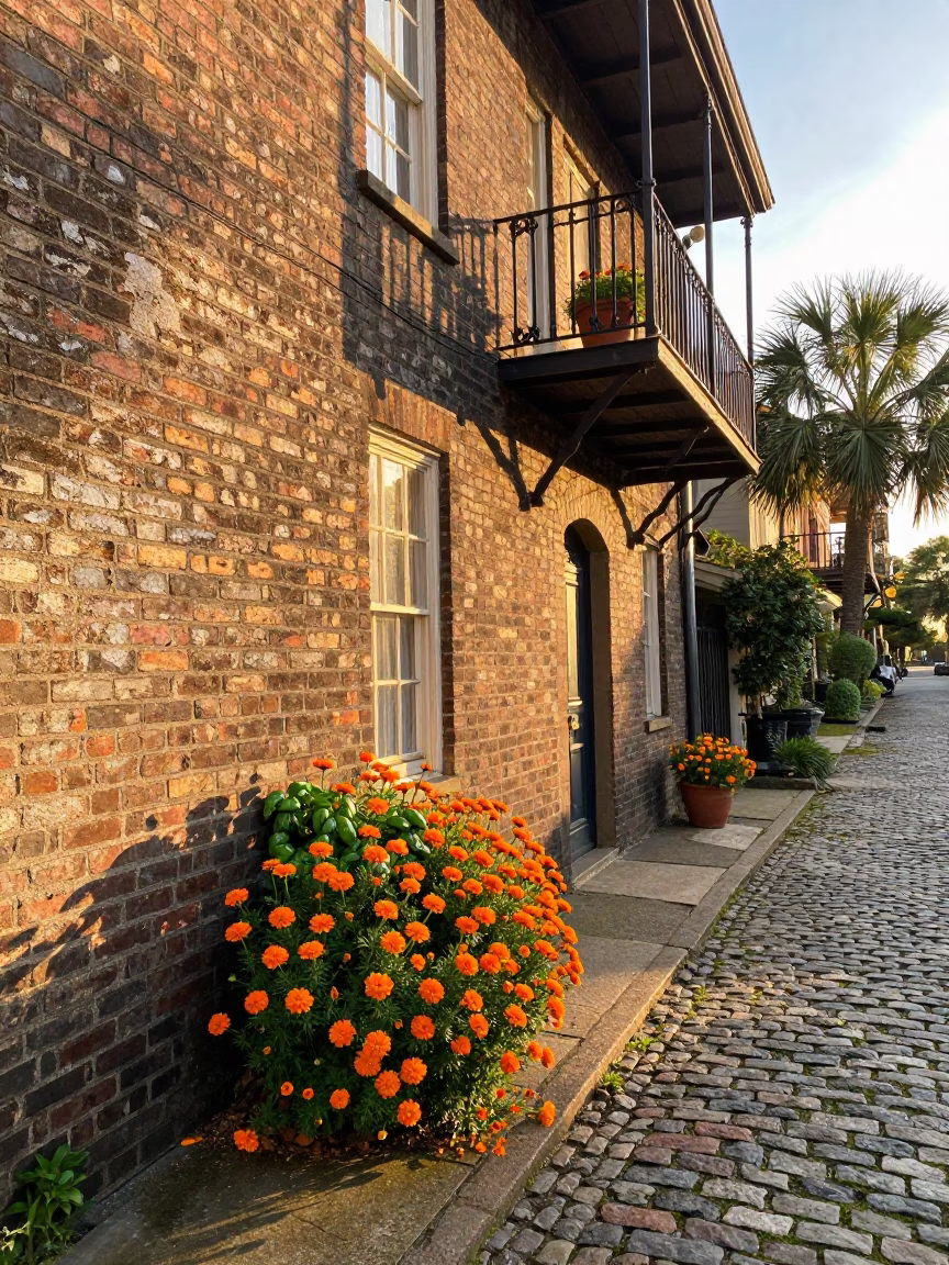 Golden Hour Charleston Street Scene with Orange Blooms and Basil in Historic District in in Charleston, South Carolina, United States