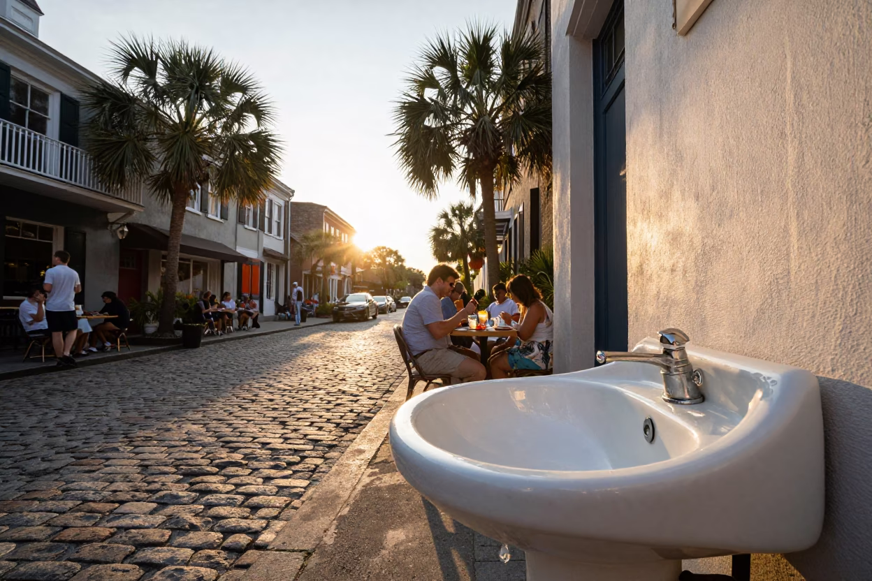 Golden Hour Charleston Street Scene with Porcelain Washbasin and Diamond Ring Detail in in Charleston, South Carolina, United States