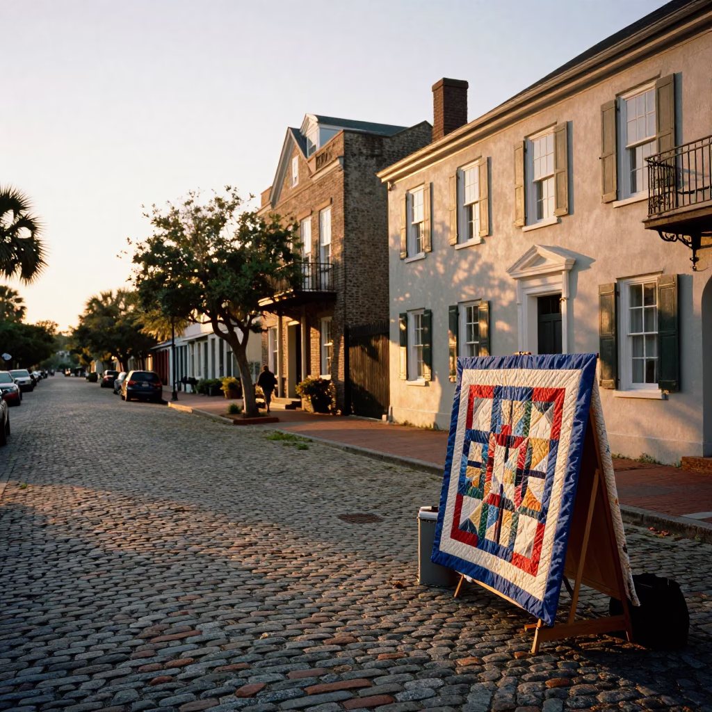 Golden Hour Charleston Street Scene with Quilt Vendor and Historic Architecture in in Charleston, South Carolina, United States