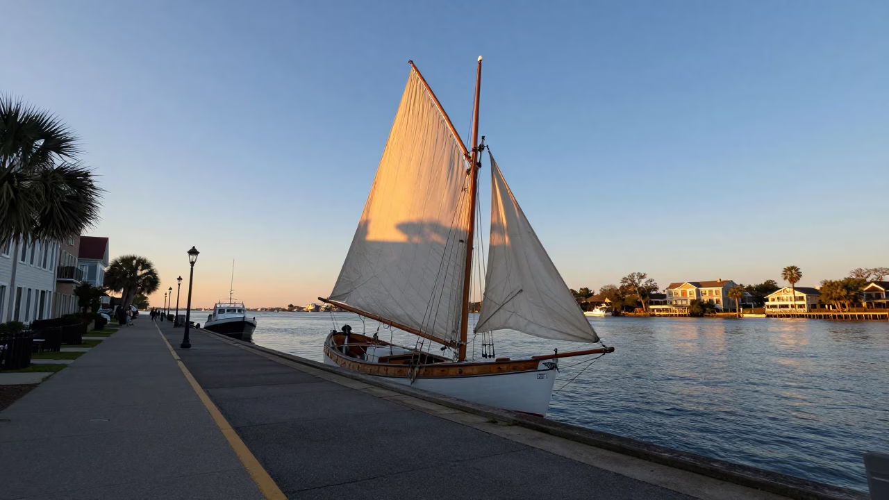 Golden Hour Charleston Street Scene with Sailboat and Historic Architecture in in Charleston, South Carolina, United States