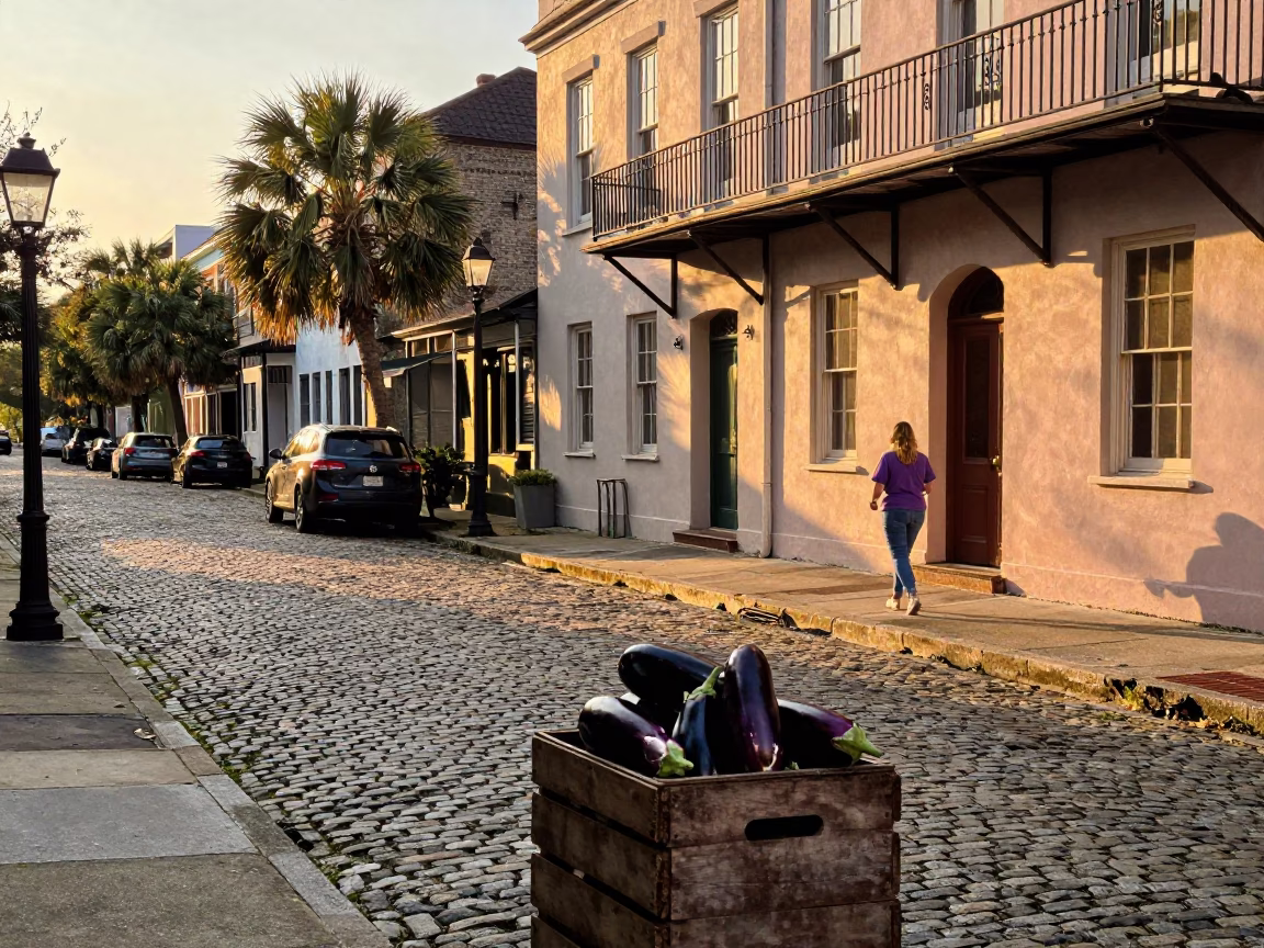 Golden Hour Charleston Street Scene with Vintage 1980s Aesthetic and Local Details in in Charleston, South Carolina, United States