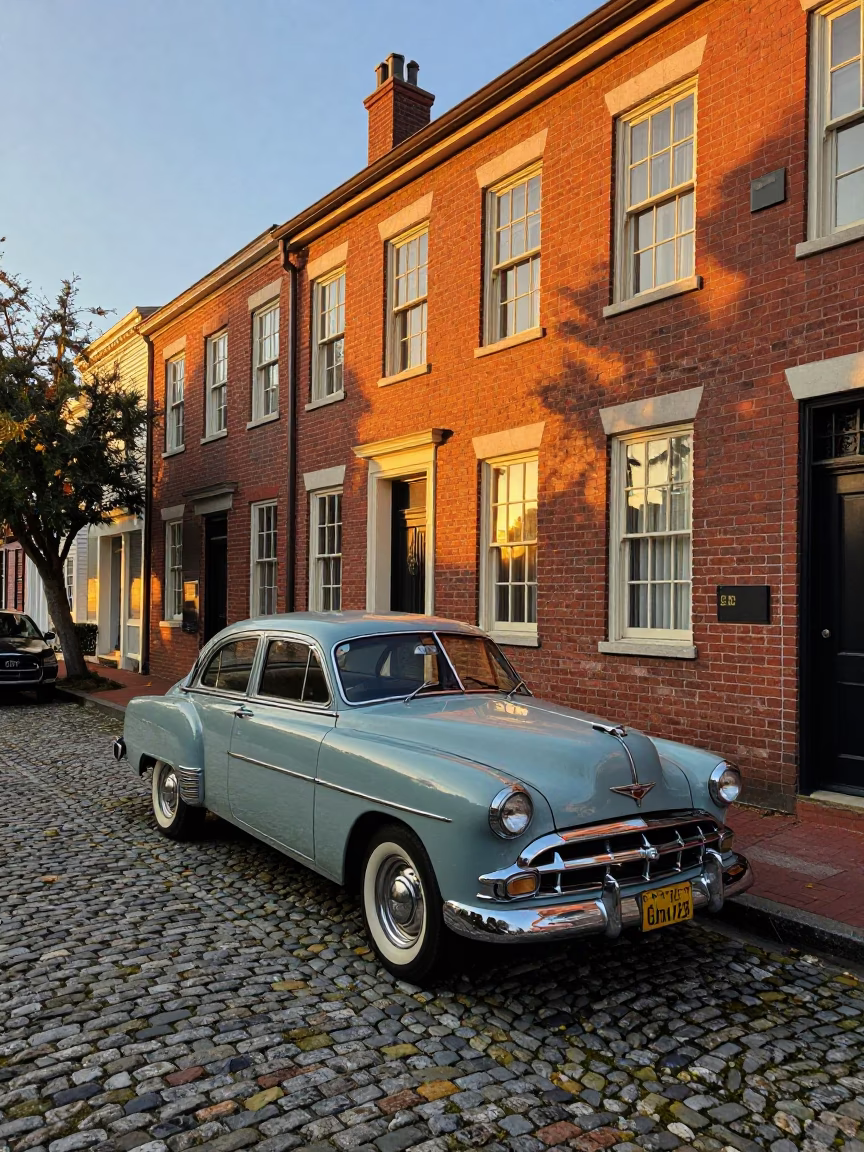 Golden Hour Charleston Street Scene with Vintage Car and Brick Architecture in in Charleston, South Carolina, United States