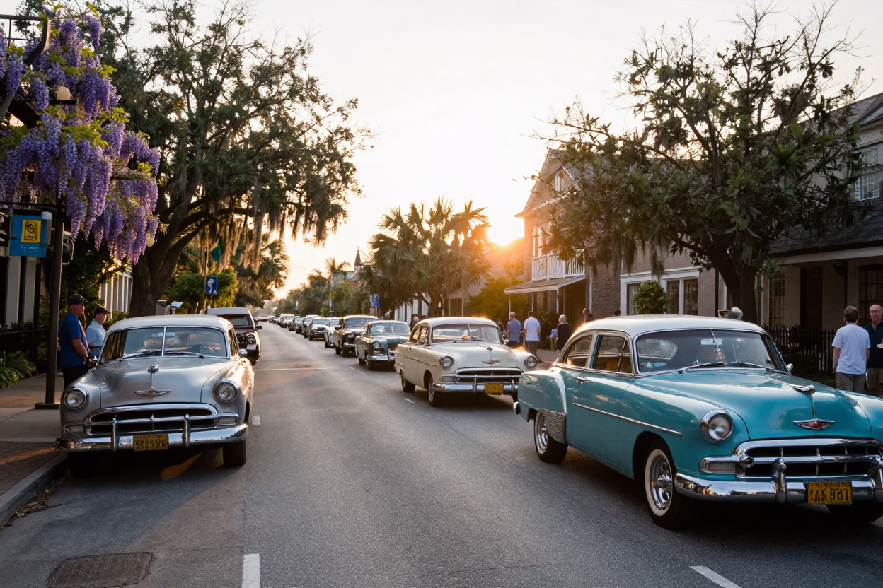 Golden Hour Charleston Street Scene with Vintage Car Rally and Wisteria Pergola in in Charleston, South Carolina, United States