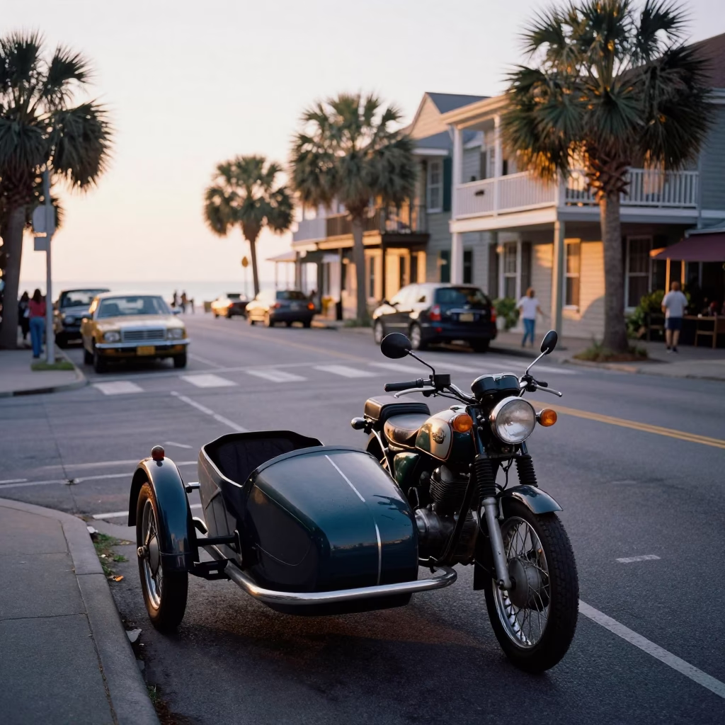 Golden Hour Charleston Street Scene with Vintage Motorcycle Sidecar and Coastal Cedar Tree in in Charleston, South Carolina, United States