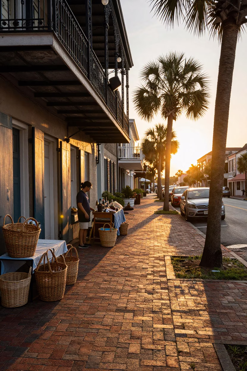 Golden Hour Charleston Street Scene with Woven Baskets and Local Commerce in in Charleston, South Carolina, United States