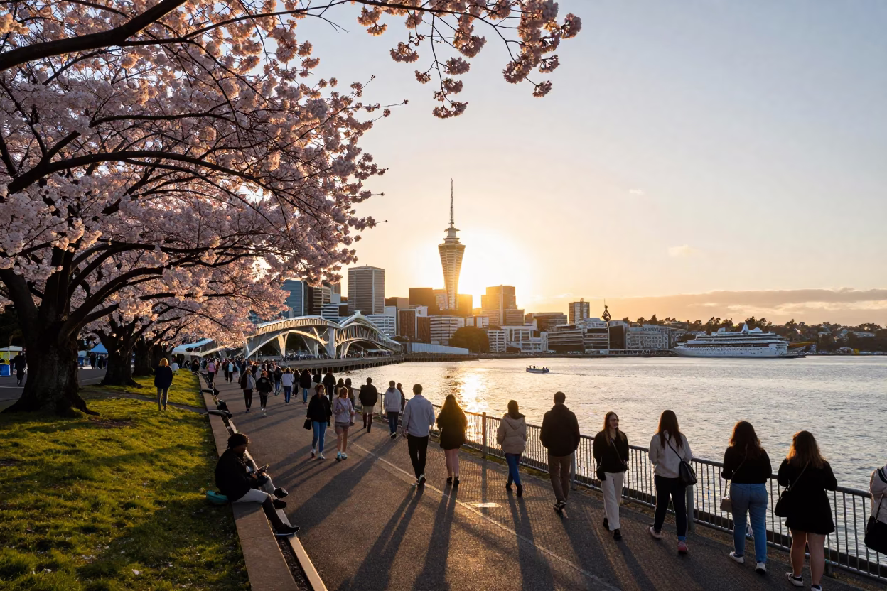 Golden Hour Cherry Blossom Festival Crowd at Auckland Viaduct Harbour in in Auckland, New Zealand
