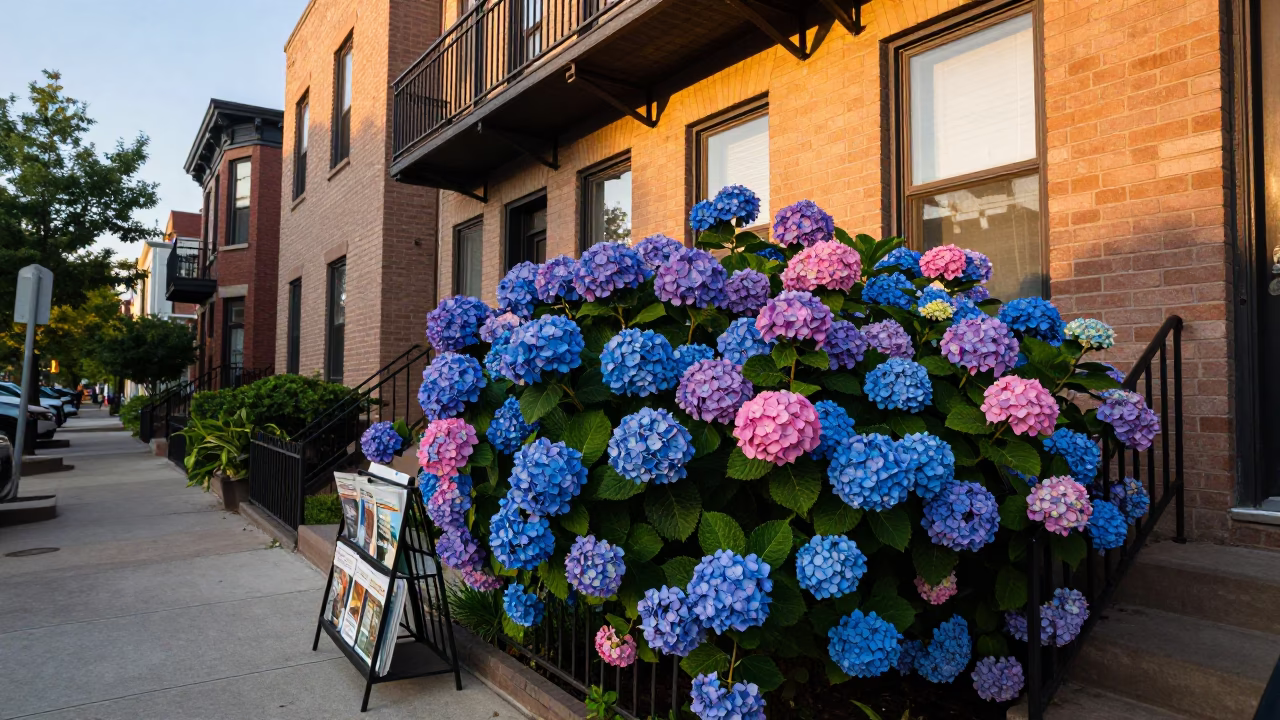 Golden Hour Chicago Street Scene with Hydrangea Bush and Magazine Rack on Balcony in in Chicago, Illinois, United States