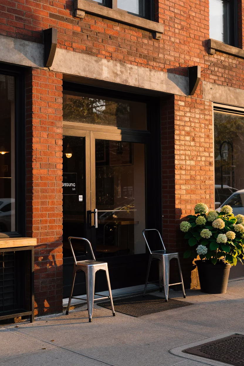 Golden Hour Chicago Street Scene with Metal Stools and Hydrangeas in in Chicago, Illinois, United States